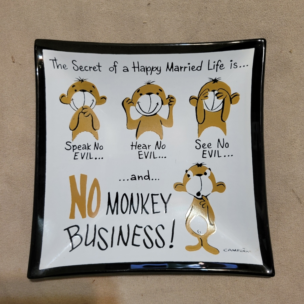 No Monkey Business glass dish trinket dish by Campana
